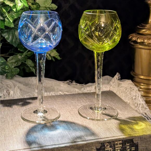 Blue & Green Vintage Bohemian Crystal Cut to Clear Unique Stem Wine Glass Pair - Picture 4 of 8